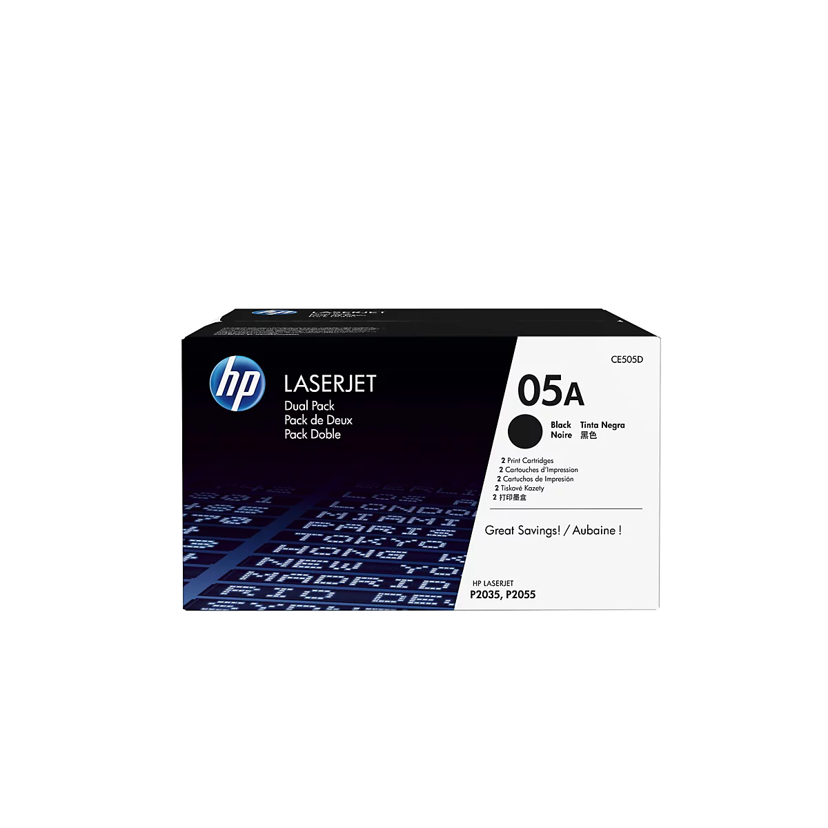 Eine schwarze HP LaserJet Druckerpatrone, 05A, abgebildet. Auf der Verpackung befinden sich mehrsprachige Texte und Logos.