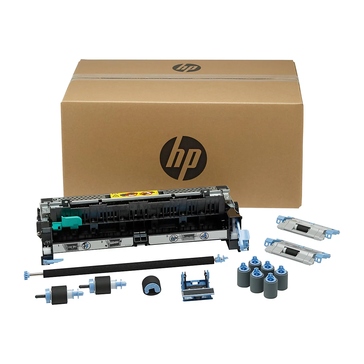 Auf weiÃŸem Grund: HP-DruckerzubehÃ¶r, in dem ein geÃ¶ffneter Karton steht. Verschiedene Ersatzteile liegen davor.