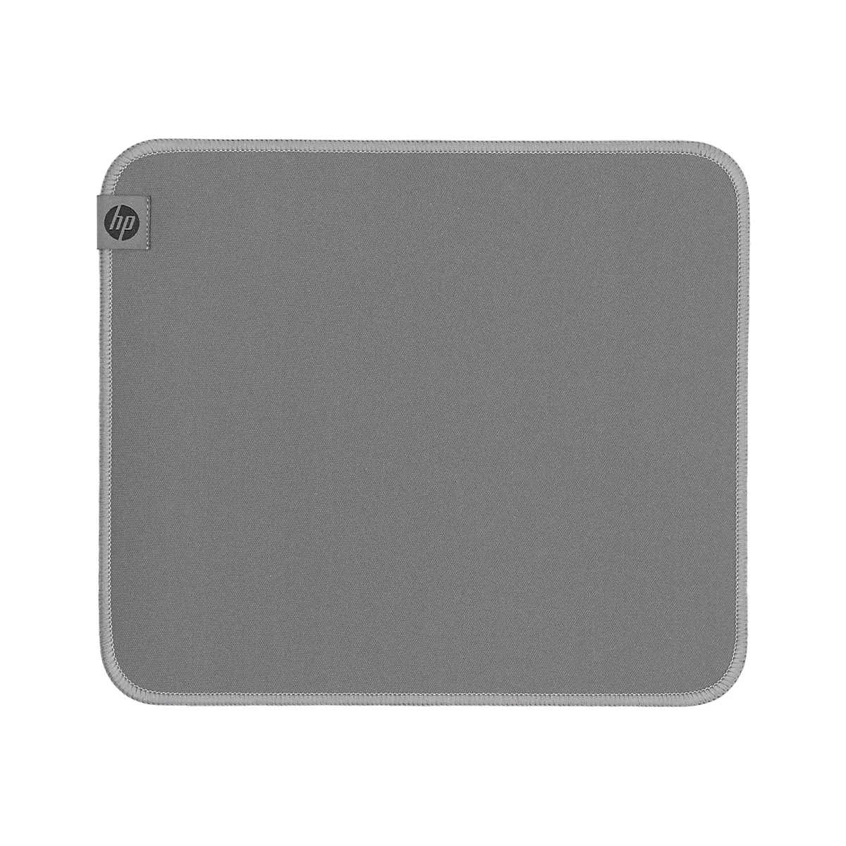 Graues HP-Mauspad, rechteckig mit abgerundeten Ecken, HP-Logo links oben.