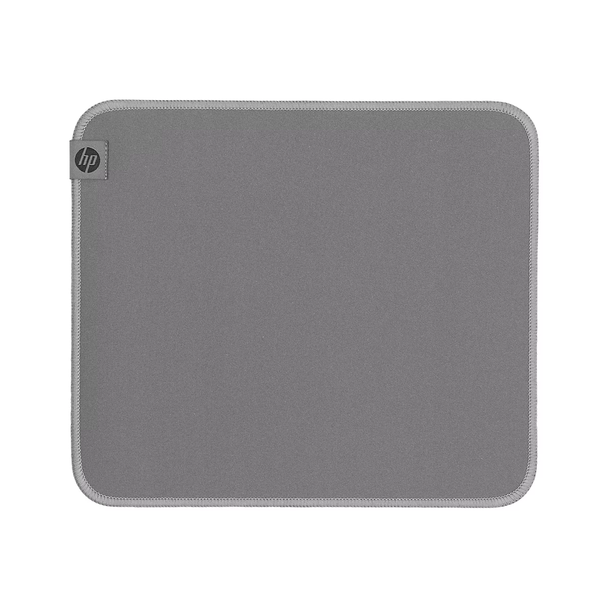 Graues HP-Mauspad in quadratischer Form. Oben links das HP-Logo.