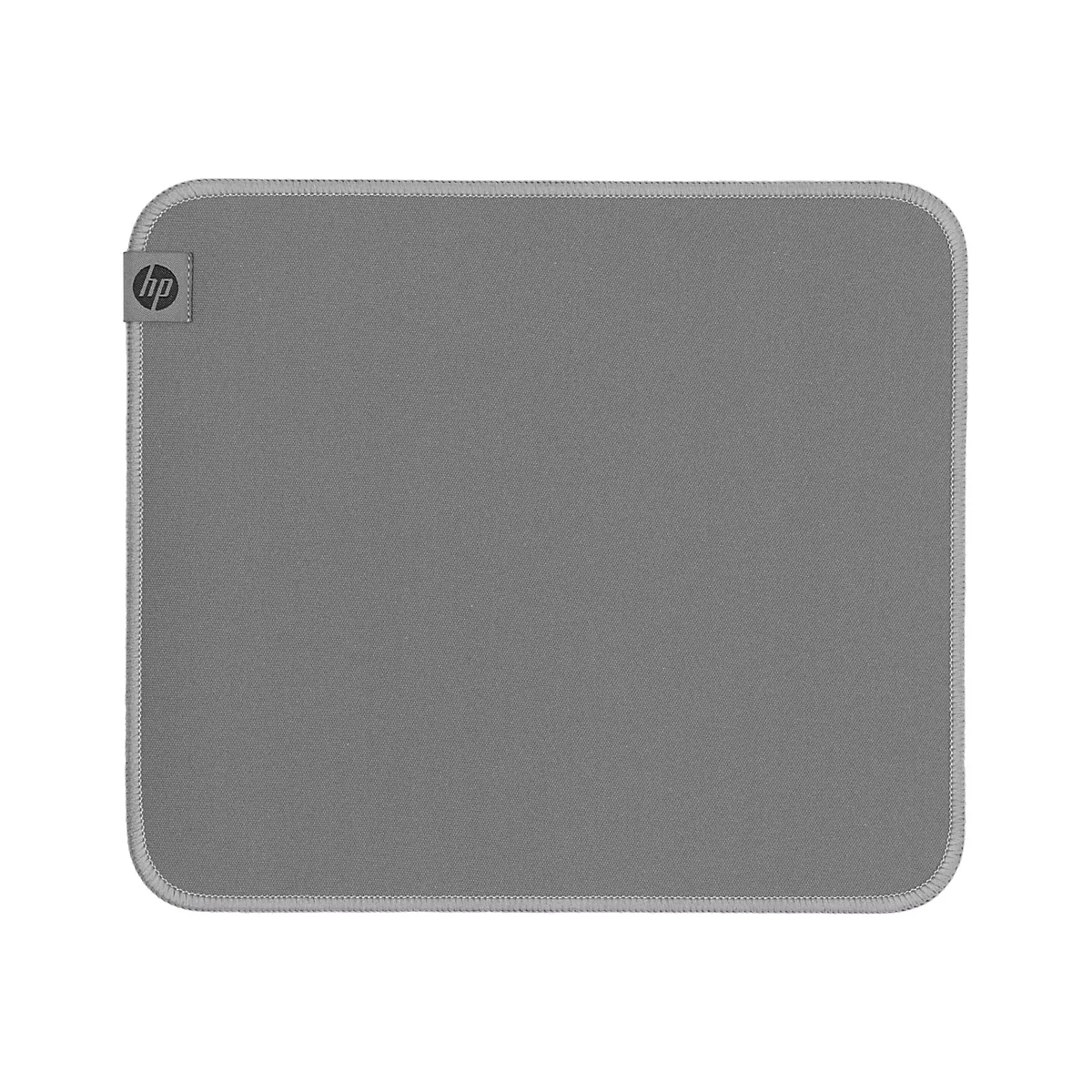 Graues, quadratisches Mousepad mit HP Logo links oben.