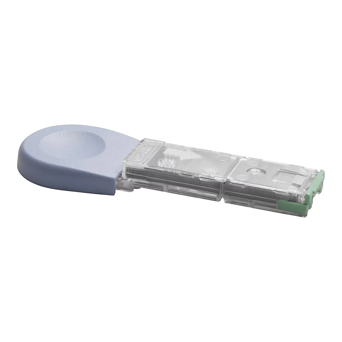 Ein elektronisches Bauteil mit blauem Griff und transparentem GehÃ¤use. An einem Ende ein grÃ¼ner Stecker.
