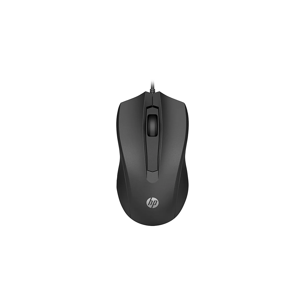Schwarze, kabelgebundene HP-Computermaus in der Draufsicht auf weißem Hintergrund.
