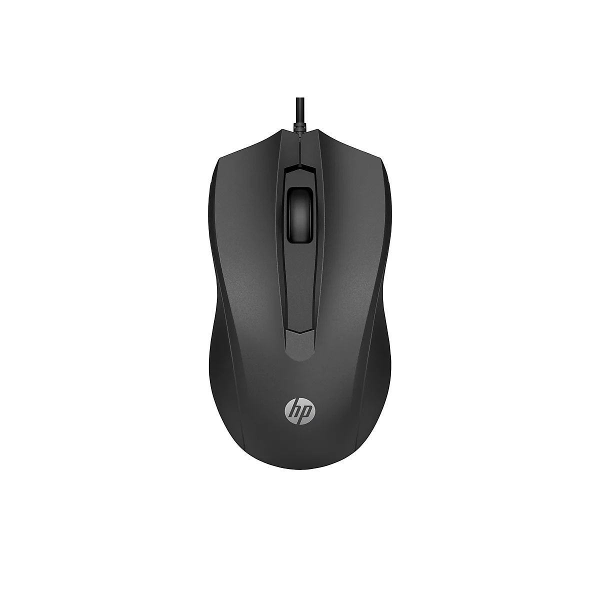 Schwarze kabelgebundene HP Computermaus in der Draufsicht vor weißem Hintergrund.