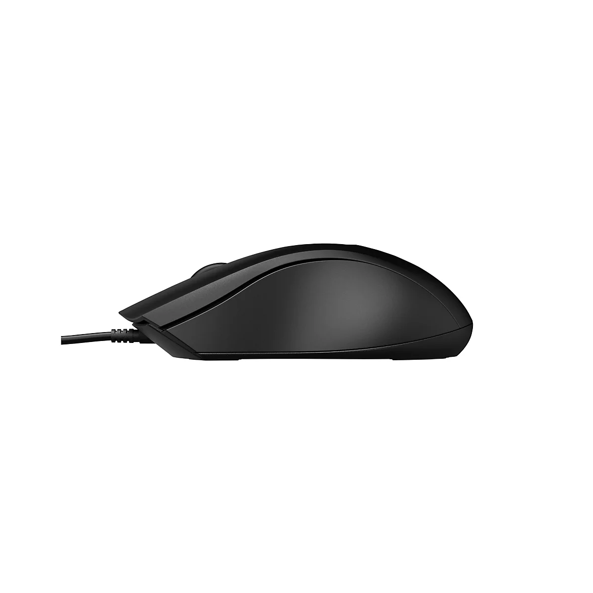 Schwarze, kabelgebundene Computermaus in Seitenansicht vor weißem Hintergrund.