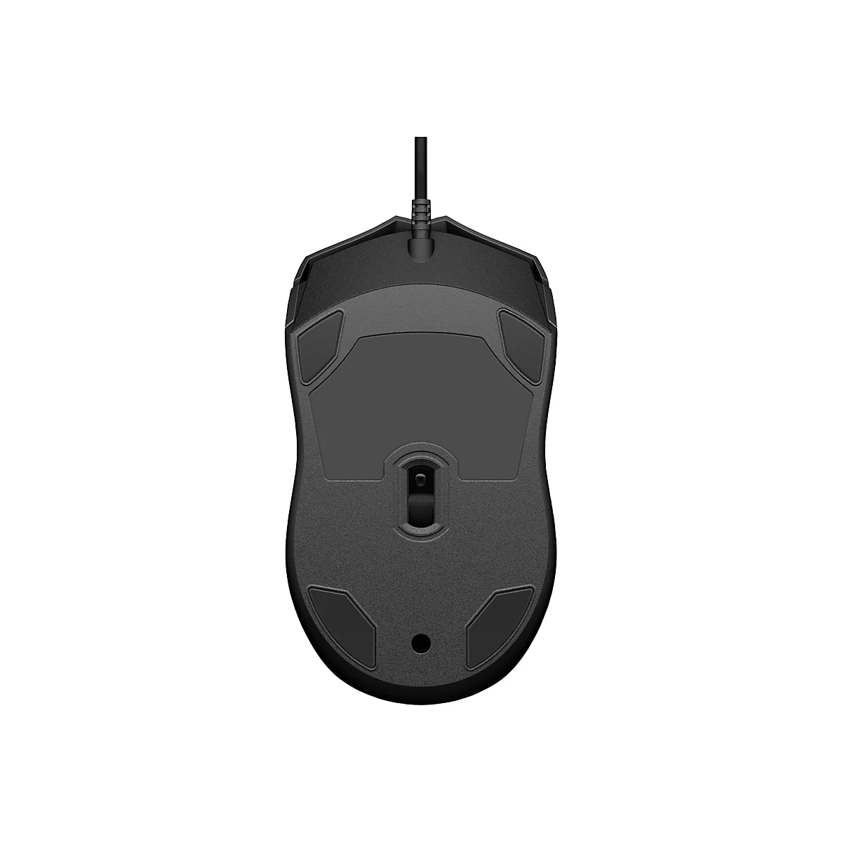 Draufsicht auf eine schwarze Gaming-Maus mit Kabel, Detailansicht der Unterseite.