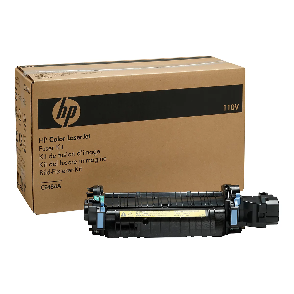 Ein Fuser-Kit für einen HP Color LaserJet mit dem HP-Logo und dem Schriftzug "110V" auf der Verpackung. Die Fuser-Einheit befindet sich darunter.