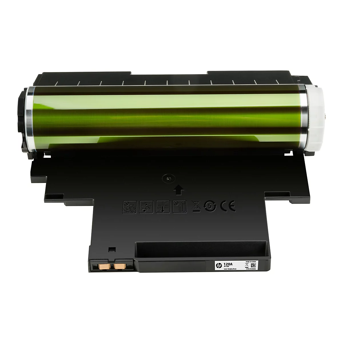 Ein grüner Trommelzylinder mit schwarzem Kunststoffgehäuse. Auf der Oberfläche befinden sich Piktogramme und Schriftzüge.