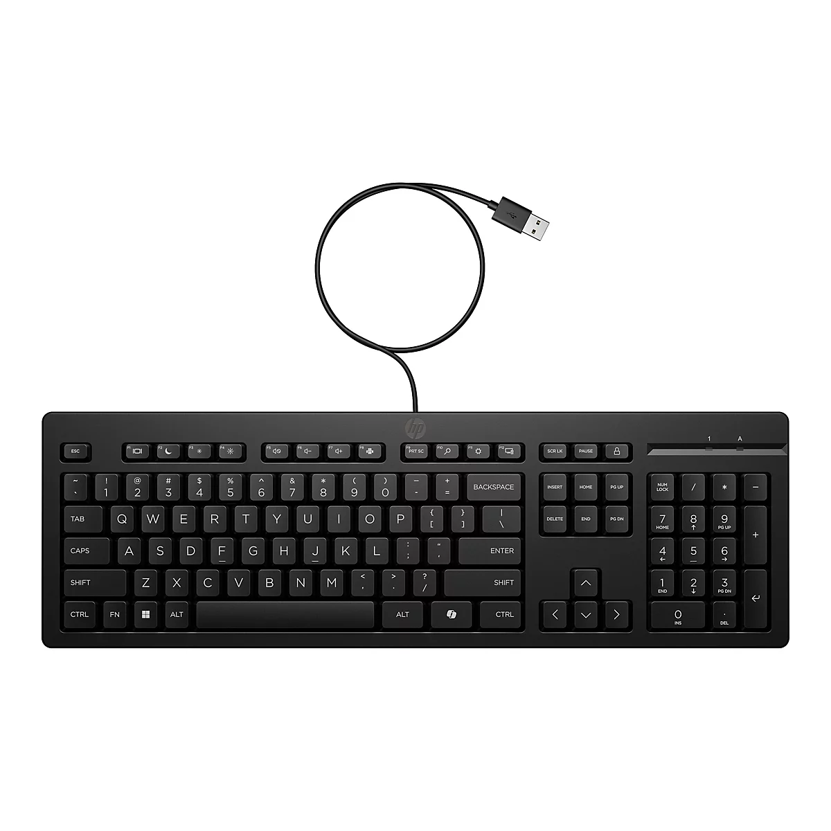 Schwarze HP Tastatur mit USB-Kabel vor neutralem Hintergrund.