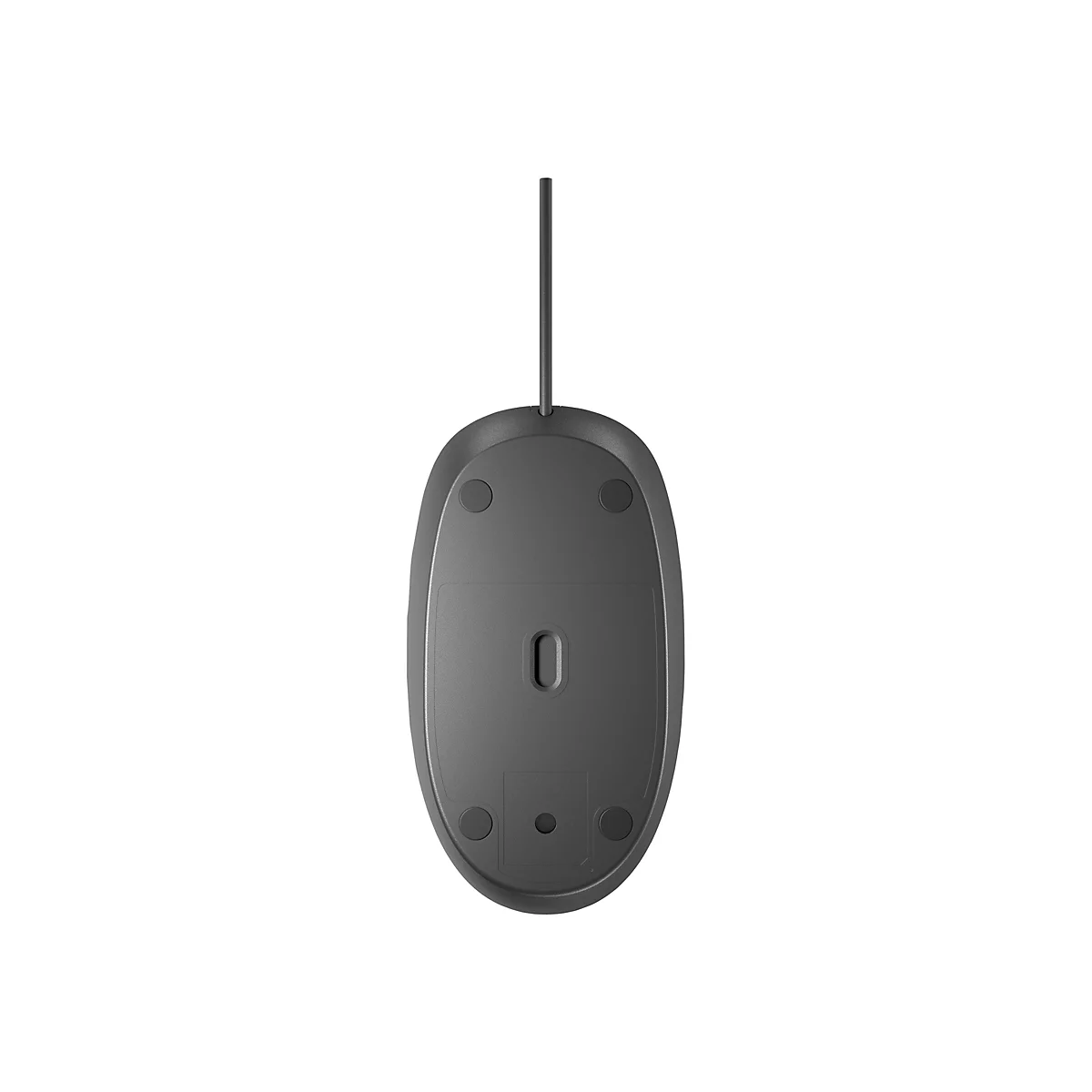 Draufsicht auf eine graue Computermaus, die von unten gezeigt wird. Ein Kabel erstreckt sich nach oben. 