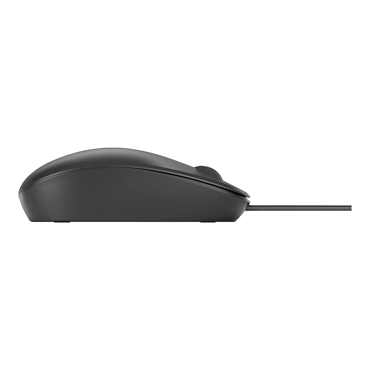 Schwarze Computermaus im Profil auf weißem Hintergrund, mit Kabel.