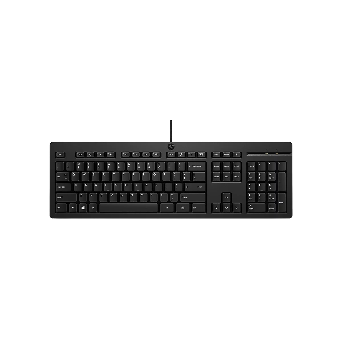 Schwarze kabelgebundene HP-Tastatur in Draufsicht vor weißem Hintergrund.