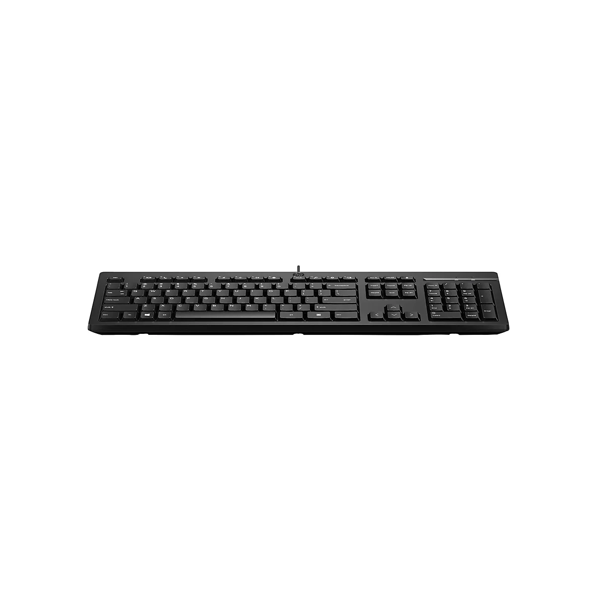 Schwarze kabelgebundene HP-Tastatur in Draufsicht vor weißem Hintergrund.
