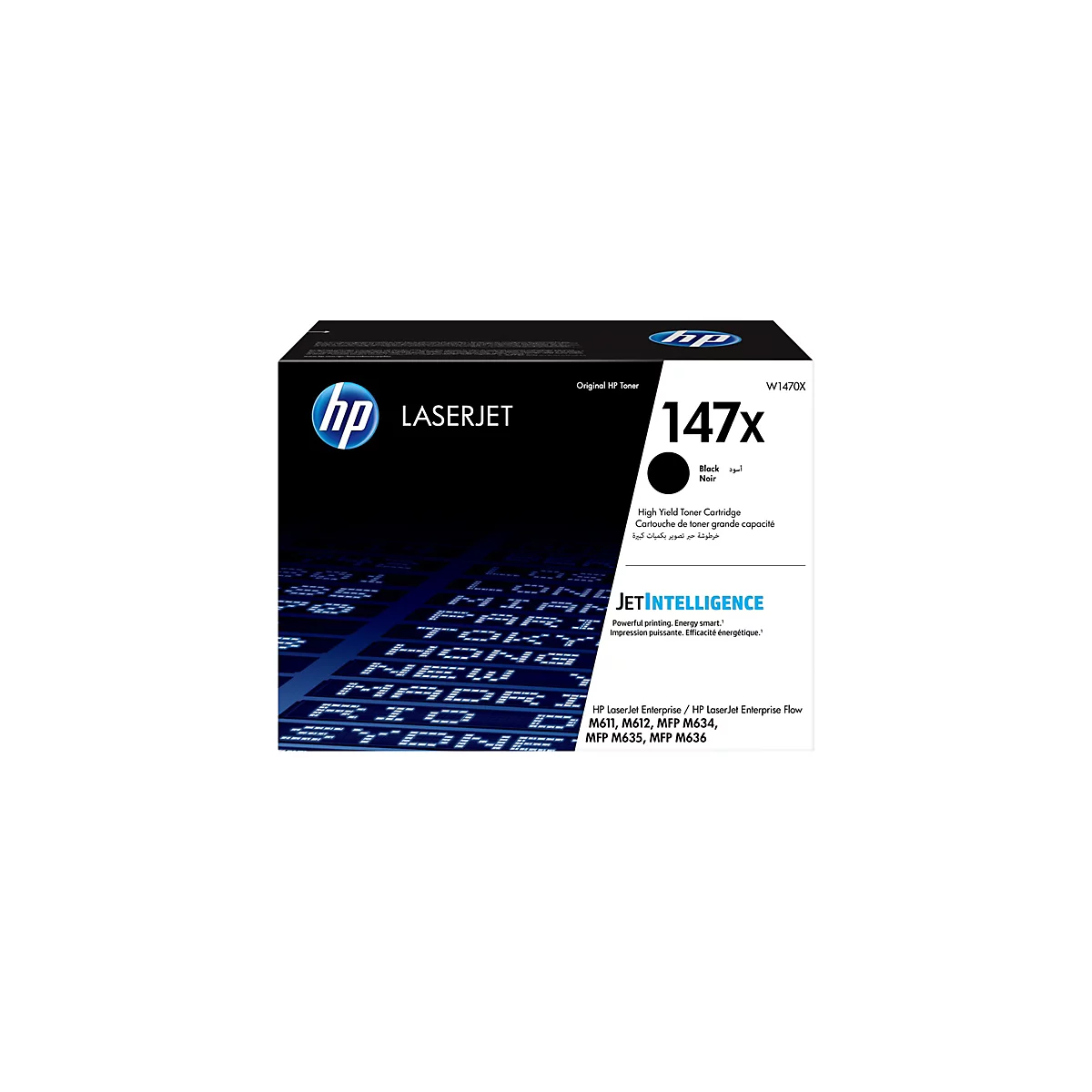 Schwarze HP LaserJet Toner-Kartusche 147X, mit Produktinformationen und Markenlogo.