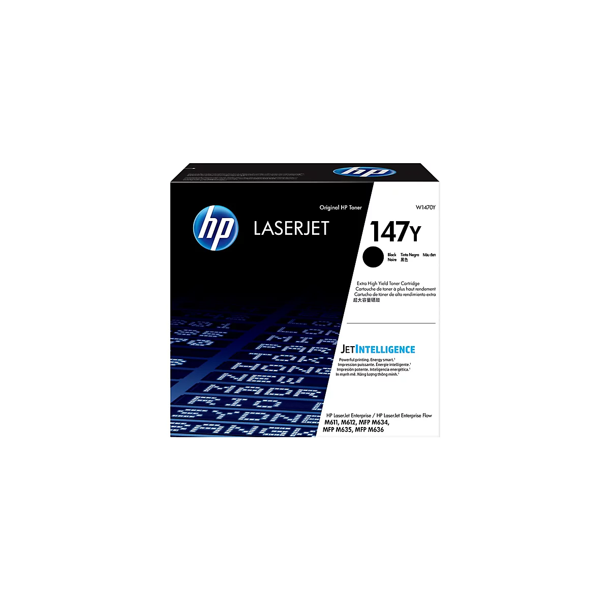 HP Laserjet Toner-Kartusche 147Y, schwarz. Auf schwarzem Hintergrund mit weißer Schrift.
