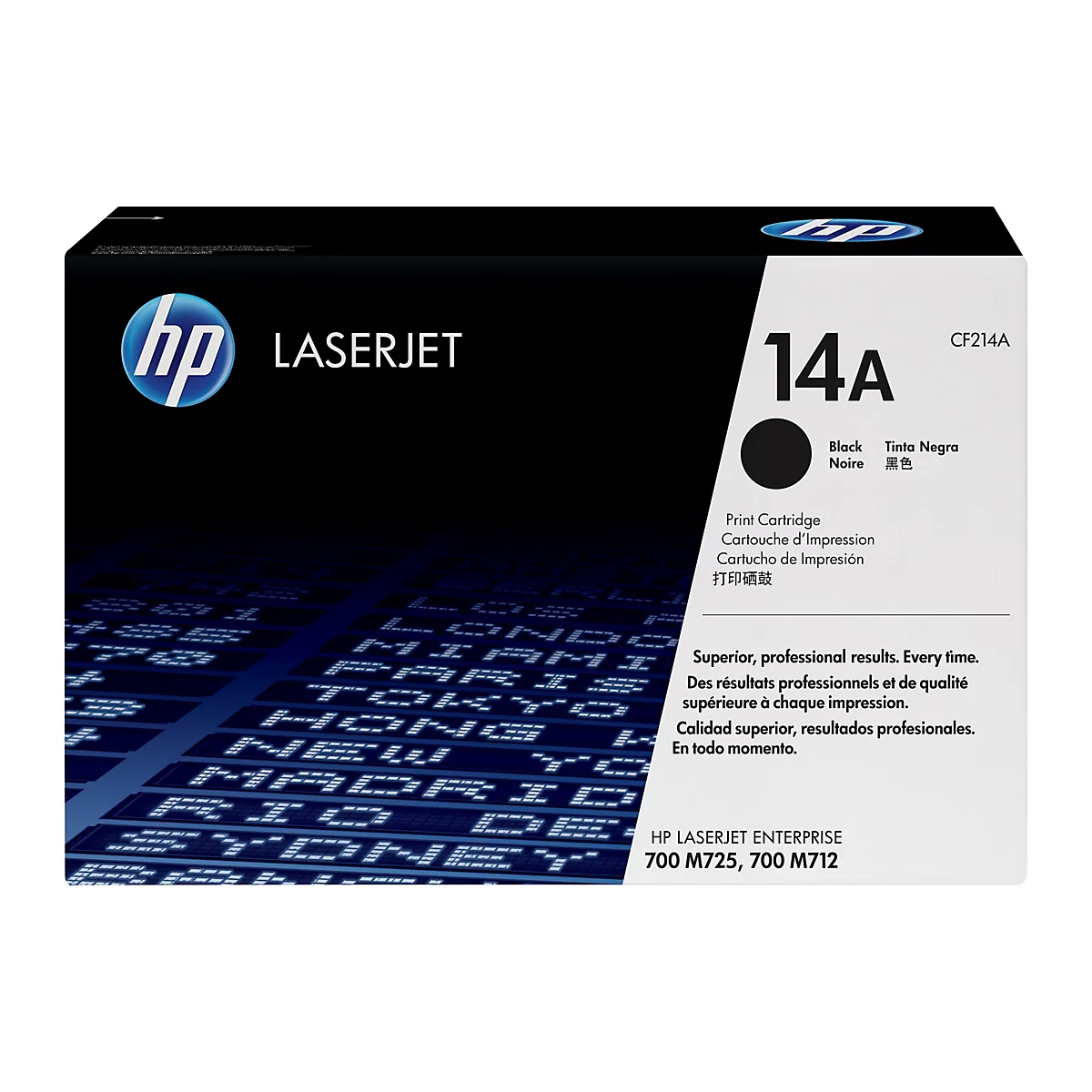 Schwarze HP LaserJet Druckerpatrone, Packung mit Logo, Produktname und Produktnummern.
