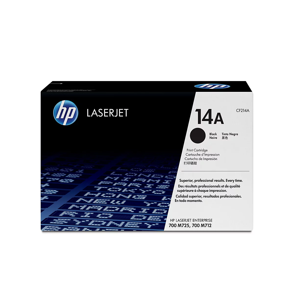 Eine schwarze HP LaserJet-Tintenpatrone. Auf der Packung stehen die Bezeichnung 14A, der Name HP LaserJet und der Hinweis auf schwarze Tinte.