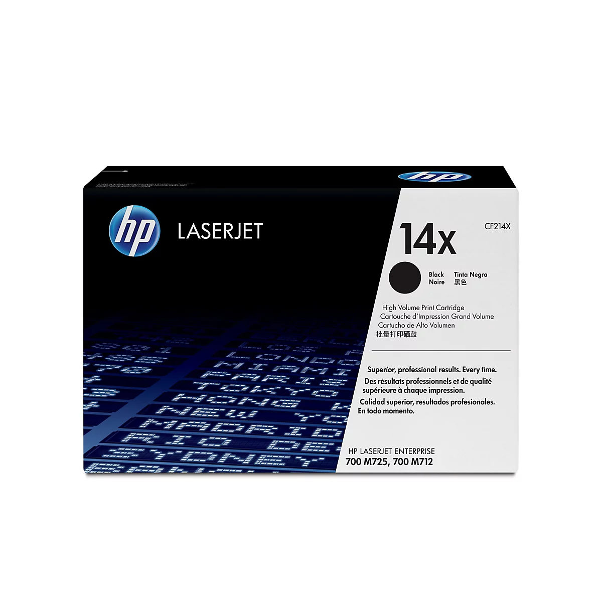 Schwarze HP Laserjet Tonerkartusche, 14x, mit Logo und Produktbezeichnungen. Aufschrift: "High Volume Print Cartridge".