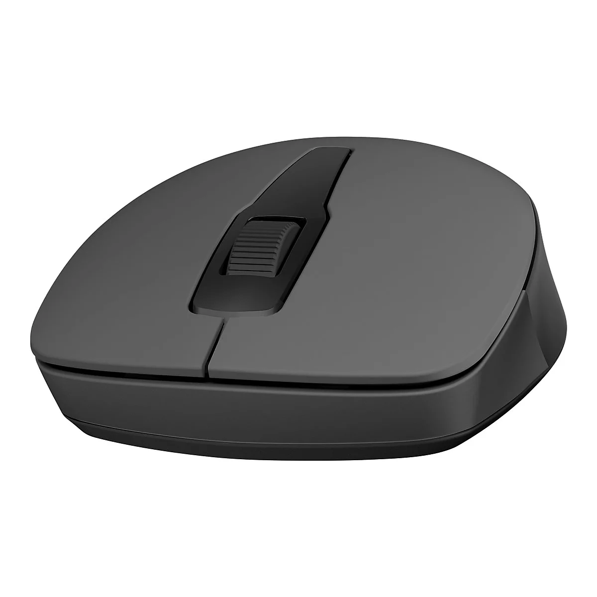Dunkelgraue, kabellose Computermaus vor weißem Hintergrund.