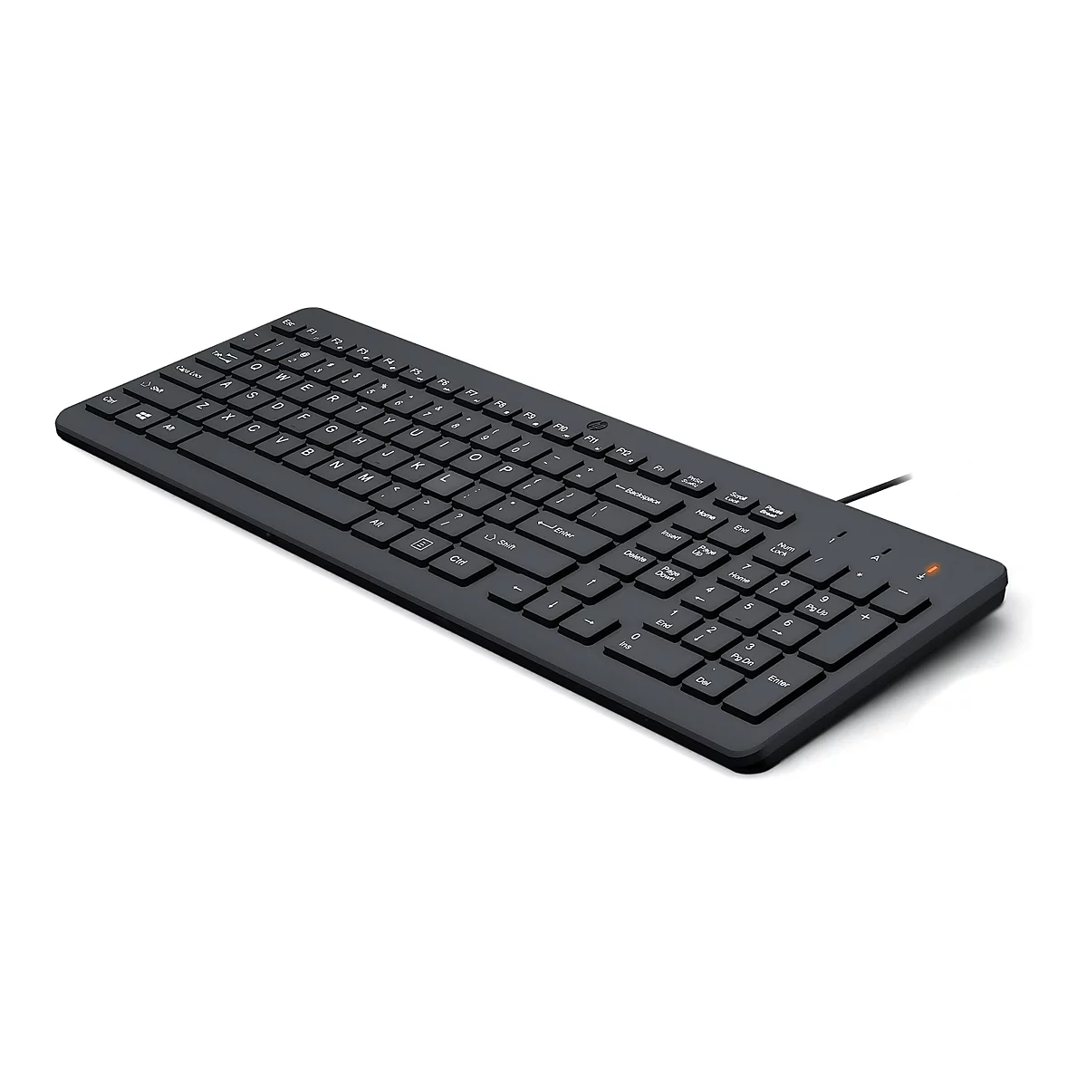 Schwarze HP Tastatur mit Kabel und leuchtender Statusanzeige in perspektivischer Ansicht.