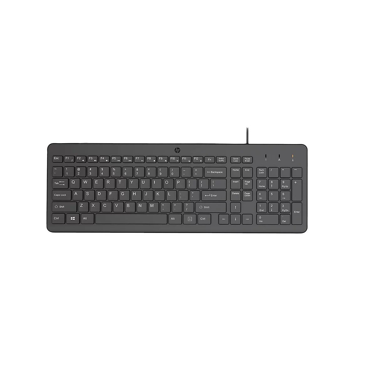 Schwarze, kabelgebundene HP-Tastatur mit Standard-QWERTY-Layout und separatem Ziffernblock auf weißem Hintergrund.