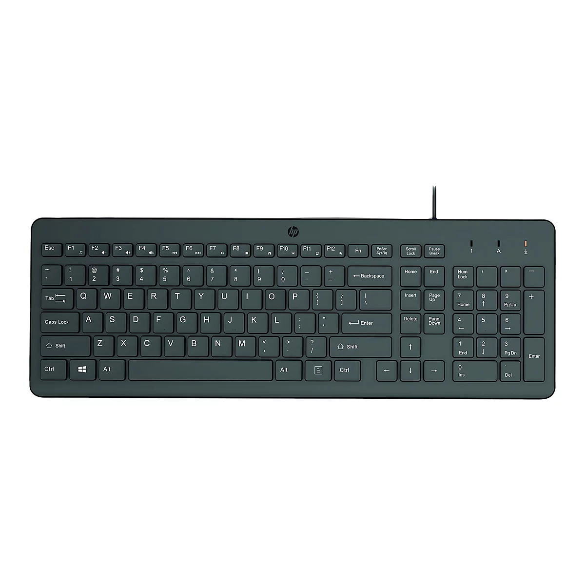 Schwarze HP Computertastatur mit Kabel auf weißem Hintergrund.