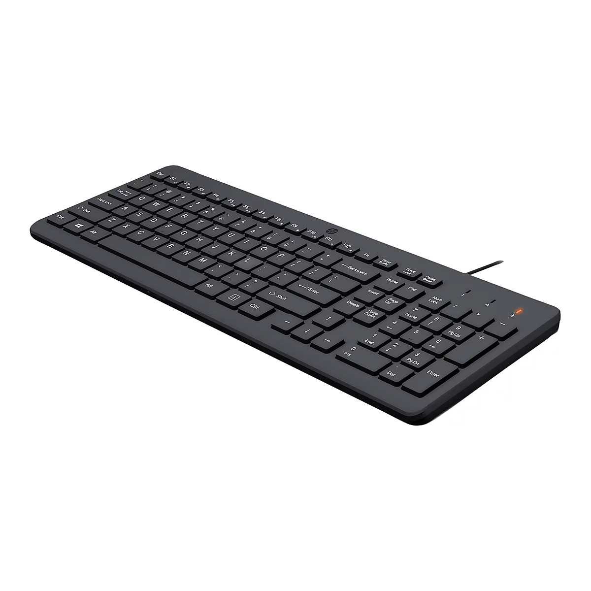 Schwarze kabelgebundene HP-Tastatur mit Standard-Layout und Ziffernblock auf weißem Hintergrund.