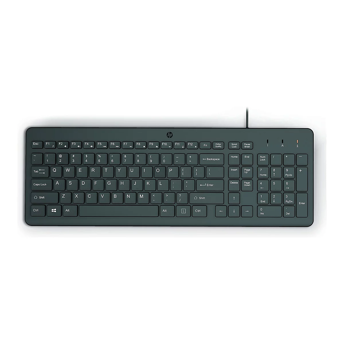 Draufsicht einer schwarzen, kabelgebundenen HP Tastatur im Standard-Layout vor weißem Hintergrund.
