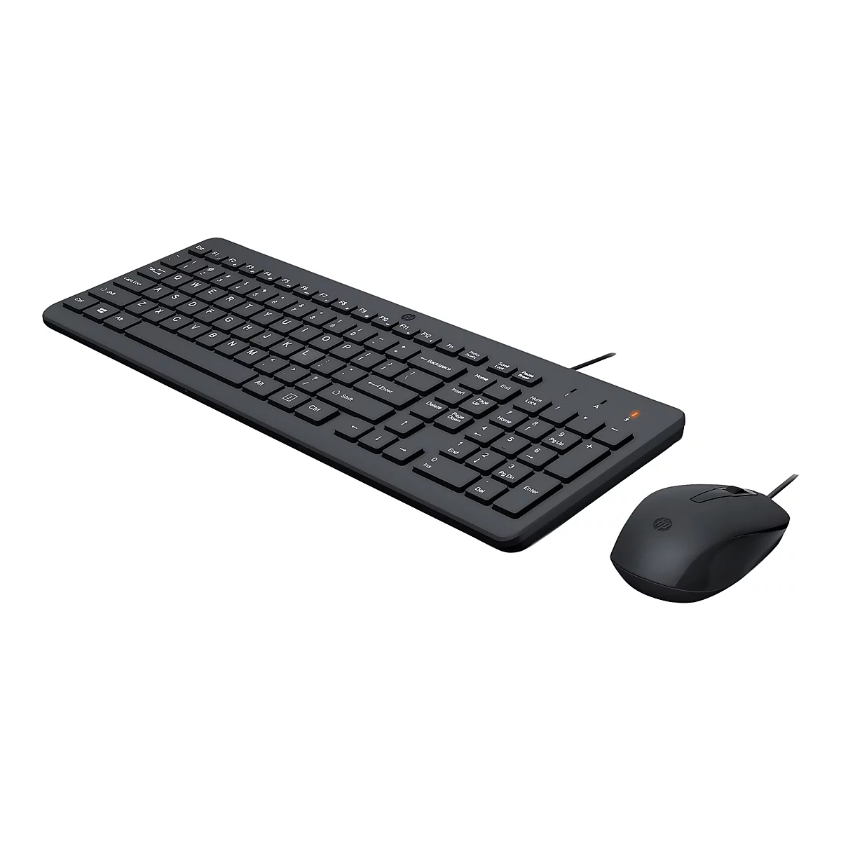 Schwarze HP Tastatur und Maus als kabelgebundenes Set auf weißem Hintergrund.