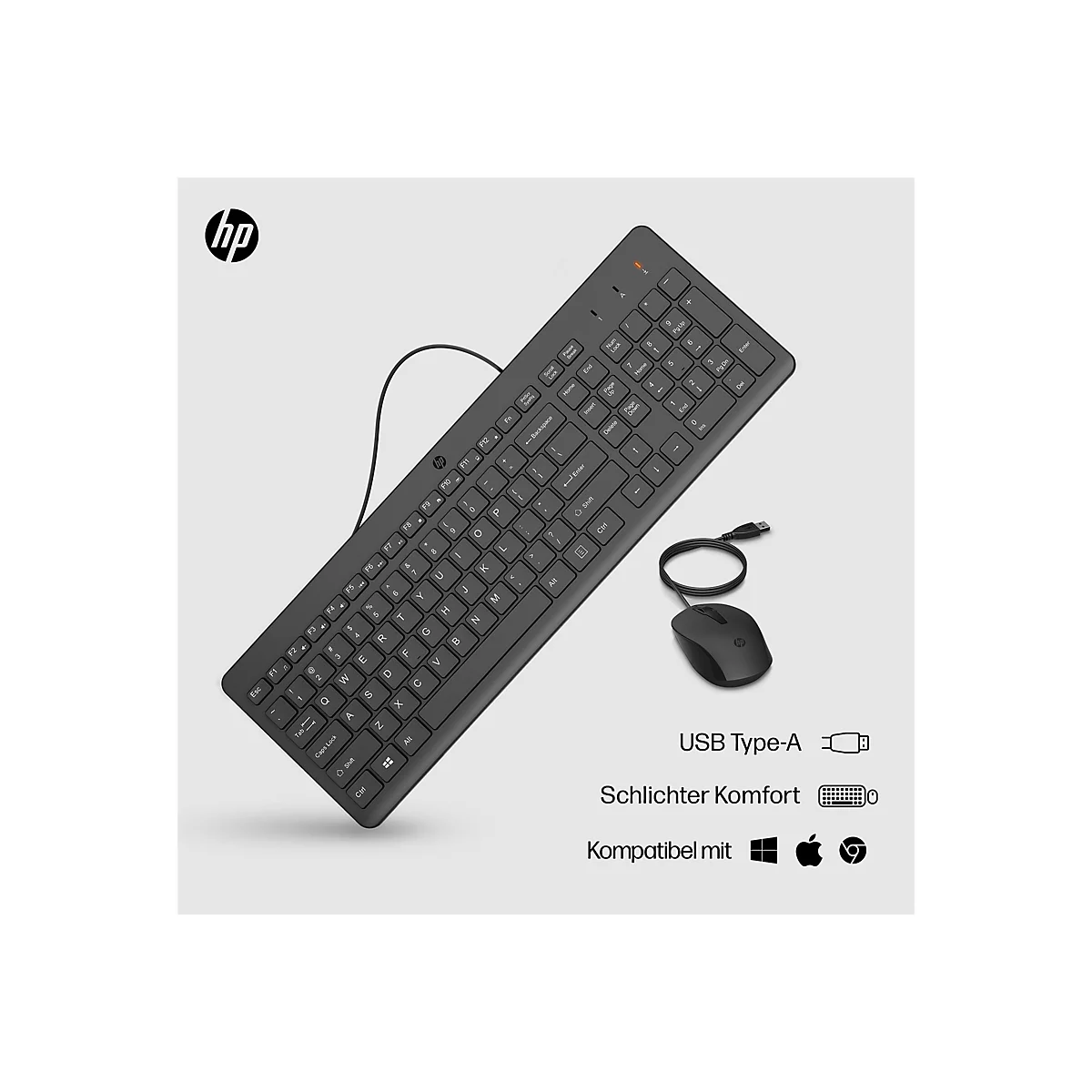 HP Tastatur und Maus Set in Schwarz auf hellgrauem Hintergrund.