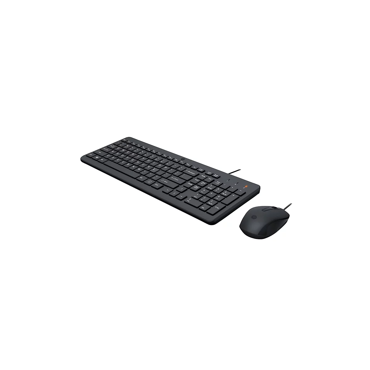 Schwarze kabelgebundene HP Tastatur und Maus auf weißem Hintergrund.