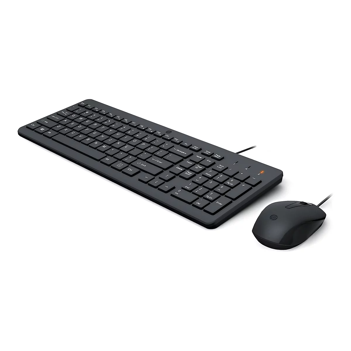 Schwarzes kabelgebundenes HP Tastatur- und Mausset vor weißem Hintergrund.