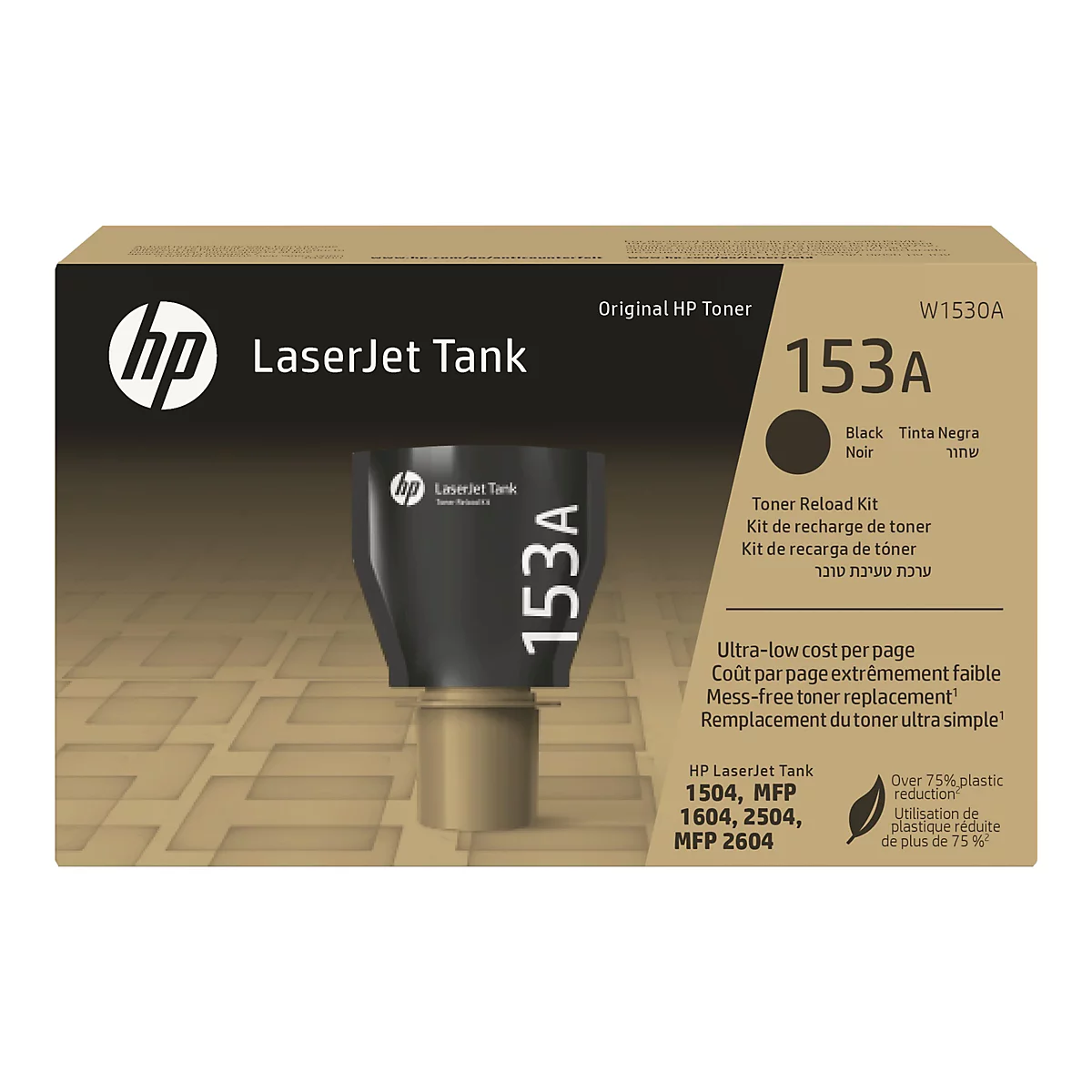 HP LaserJet Tank Toner 153A, schwarze Patrone, auf Verpackung mit Produktbeschriftung.