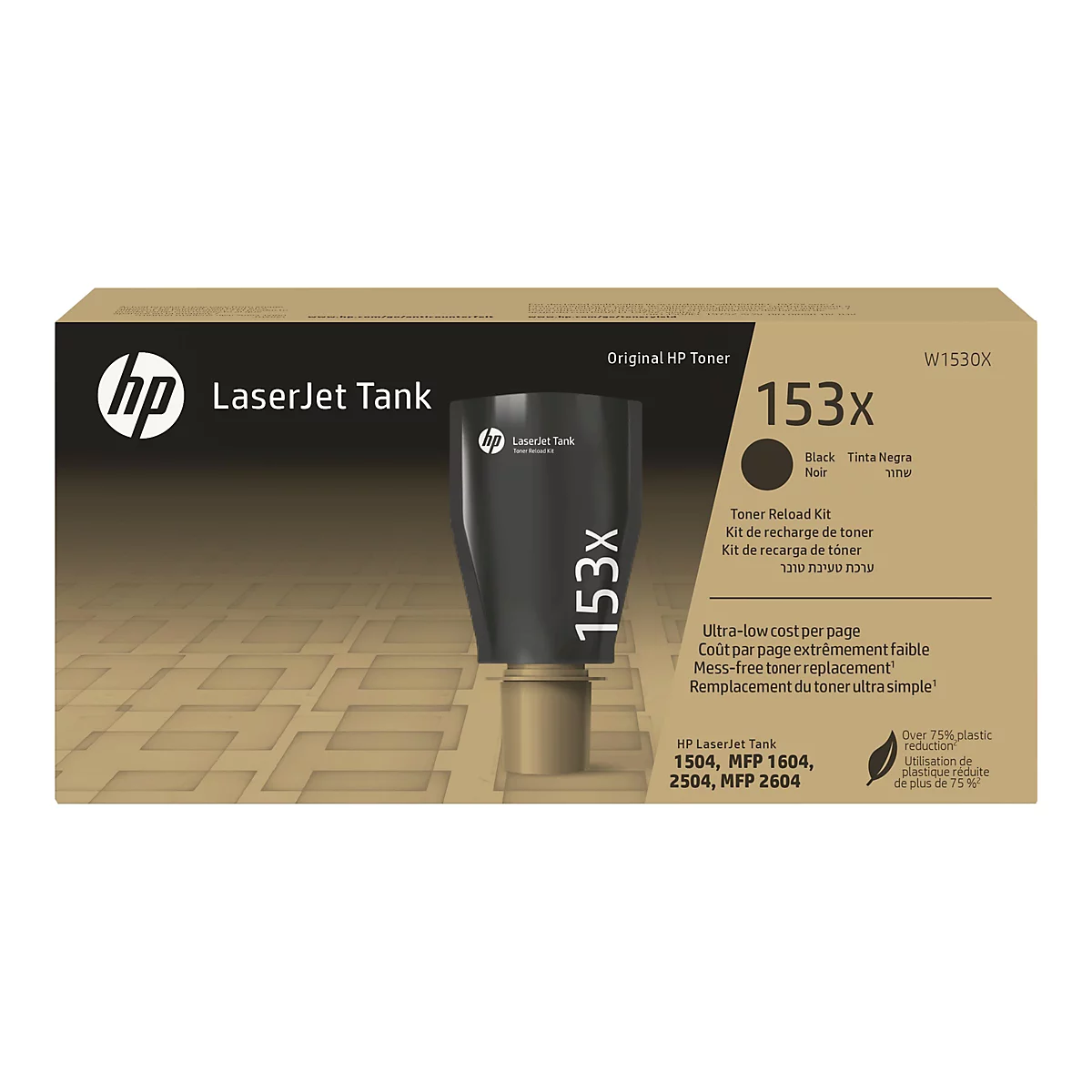 HP LaserJet Tank 153x Tonerkassette in Verpackung, mit Produktbeschriftung.