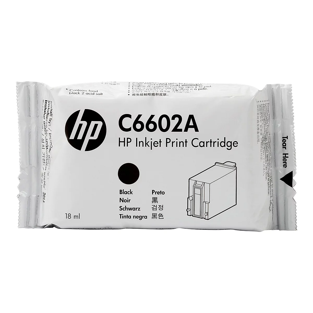 Verpackung einer HP Tintenpatrone. Auf der weißen Verpackung befinden sich der HP-Schriftzug, die Produktbezeichnung C6602A und der Hinweis "Tear Here".