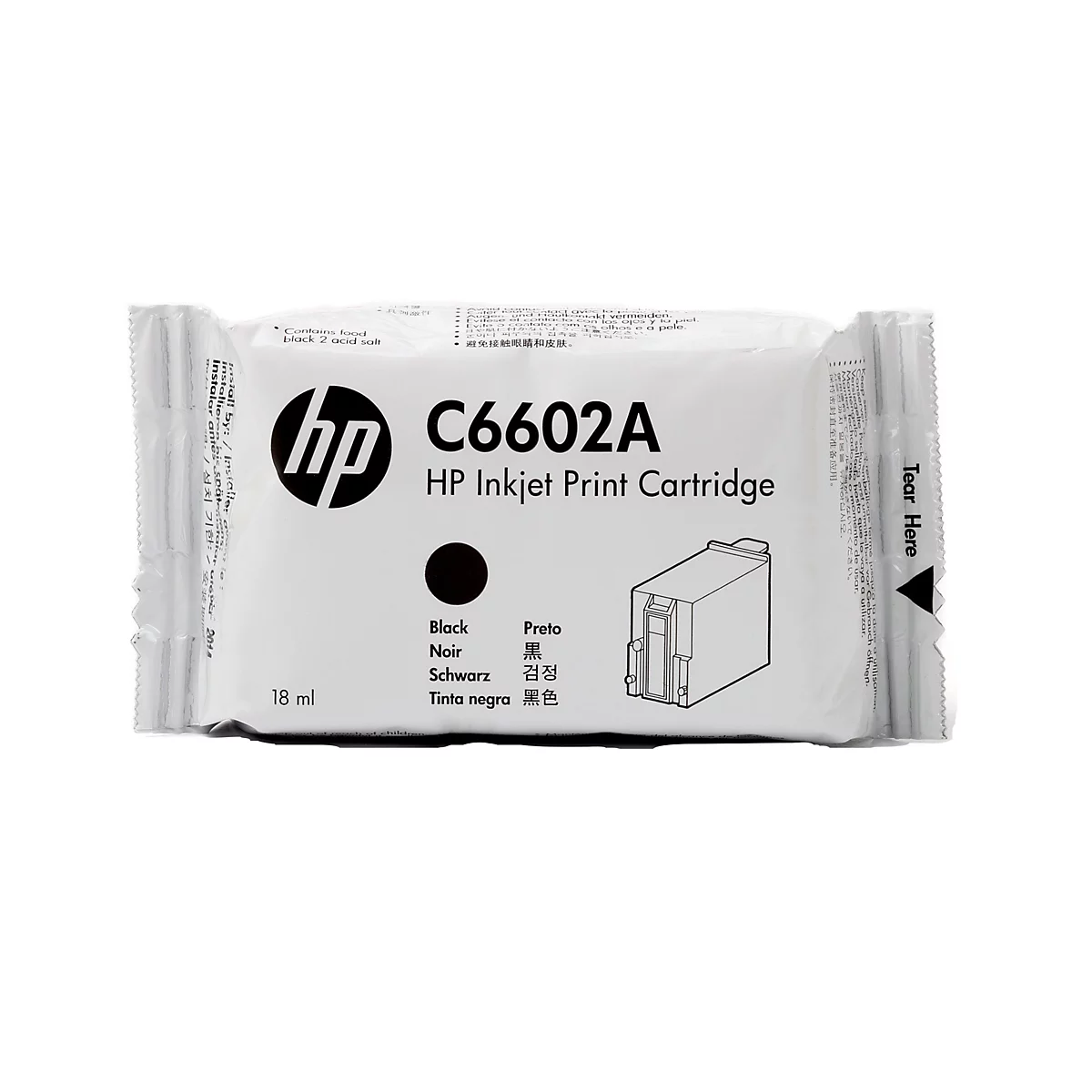 Eine schwarze HP C6602A Tintenpatrone in Folienverpackung. Der Kartuschenbeutel trägt das HP-Logo, die Produktbezeichnung und das Volumen von 18 ml.