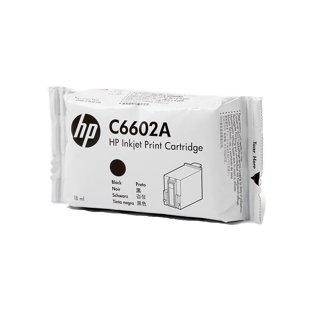 Eine schwarze HP C6602A Tintenpatrone in ihrer versiegelten Verpackung, mit Produktangaben in mehreren Sprachen.