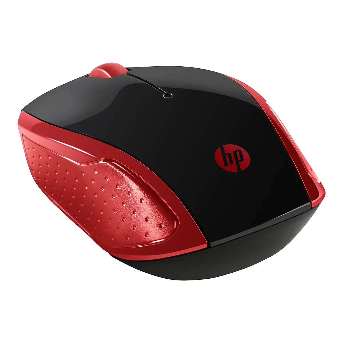 Drahtlose Computermaus in Schwarz-Rot mit HP-Logo. Sie hat ein rotes Scrollrad und gepunktete Seitenteile.