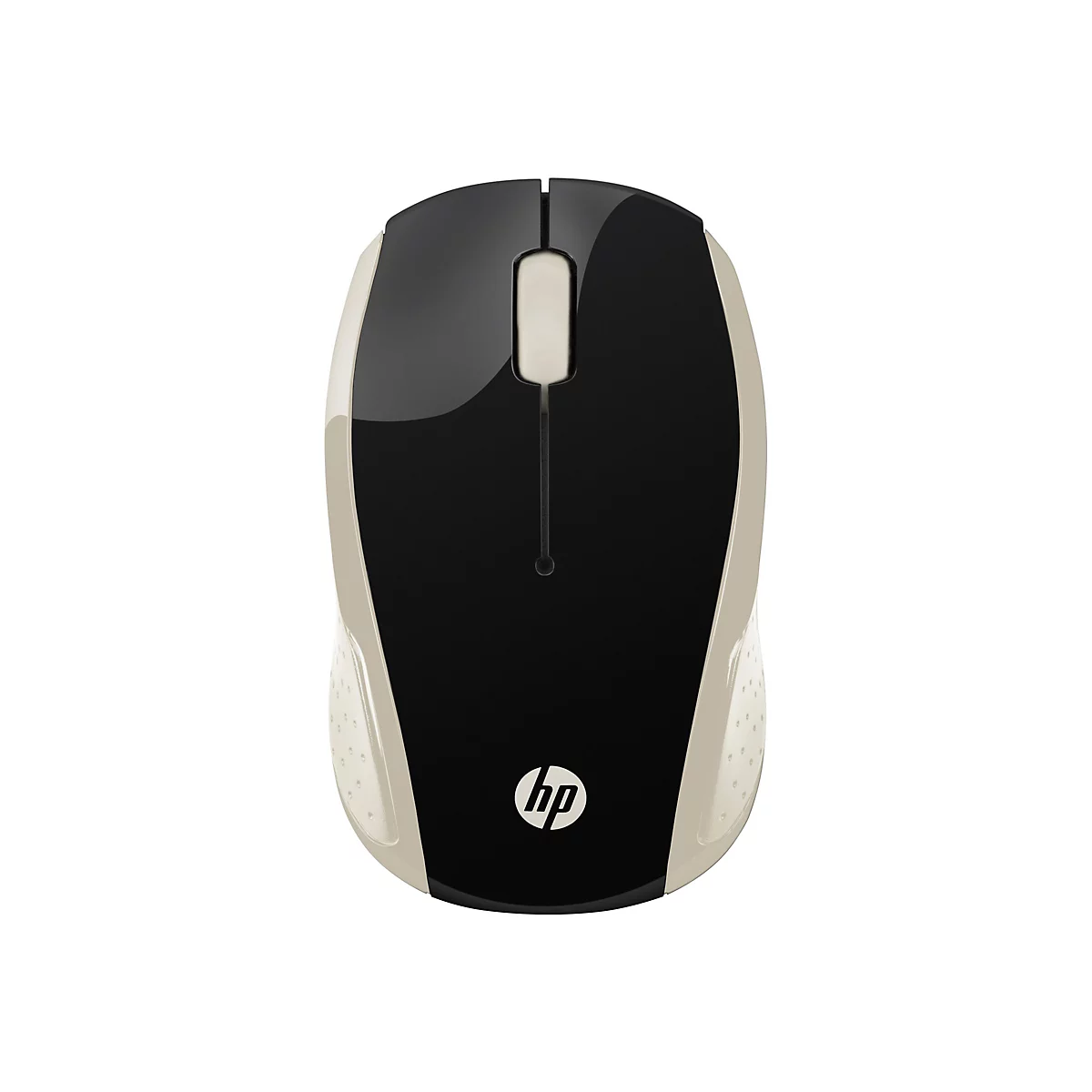 Drahtlose Computermaus in Schwarz und Beige mit HP-Logo.