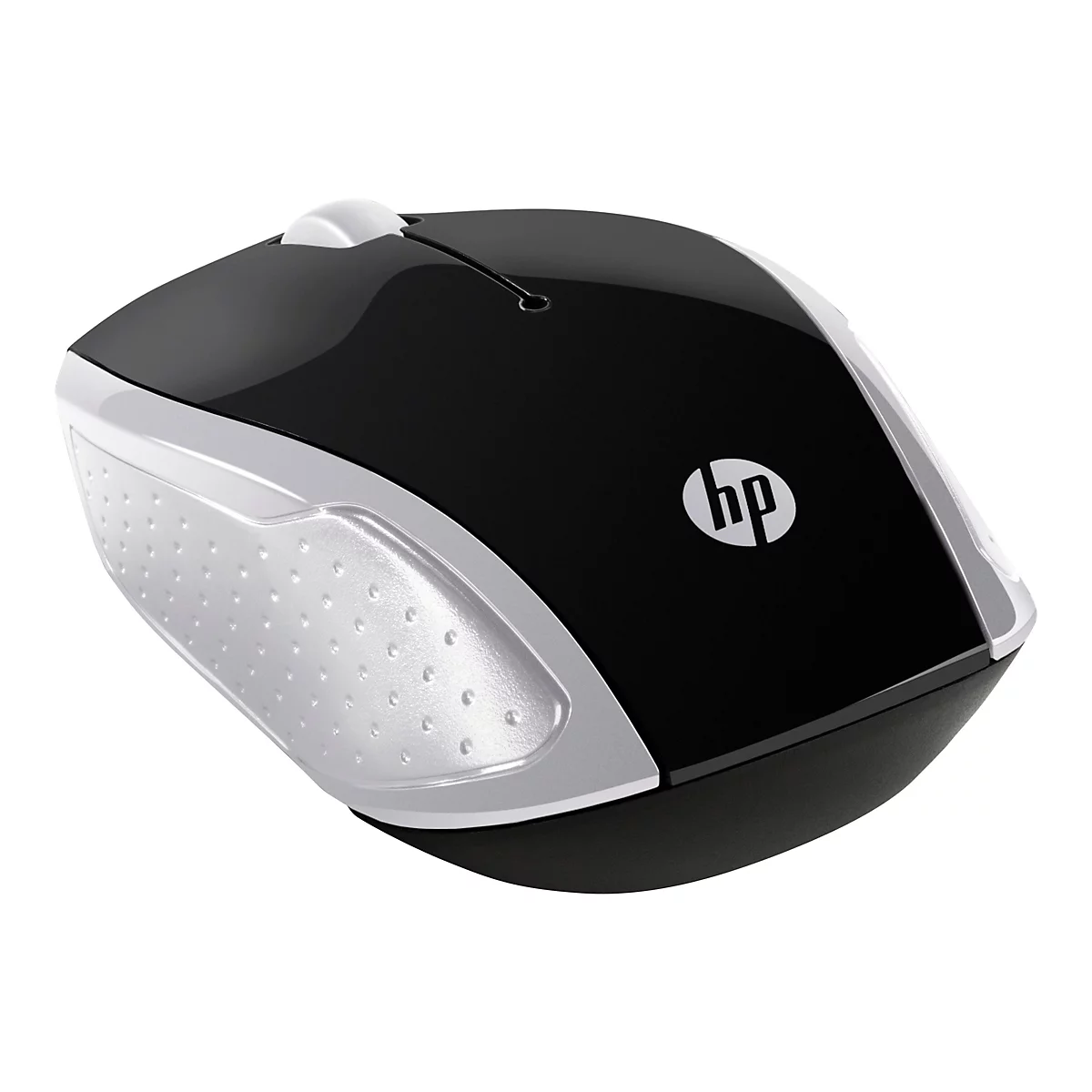 Drahtlose schwarze HP-Maus mit silbernen Seiten. Das HP-Logo befindet sich auf der Maus. Auf der Maus befindet sich ein Scrollrad.