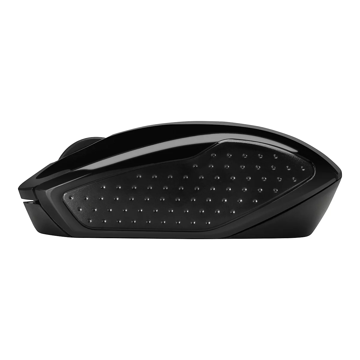 Schwarze, ergonomische Computermaus in Seitenansicht vor weißem Hintergrund.