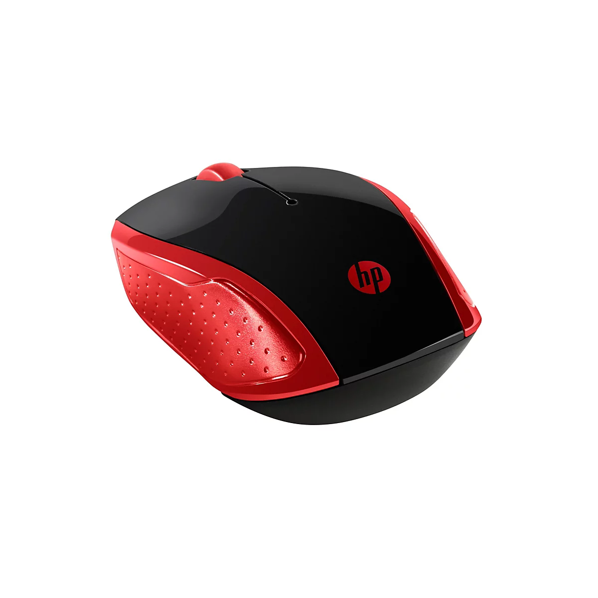 Kabellose HP Maus in Schwarz und Rot mit HP Logo auf glänzender Oberfläche.