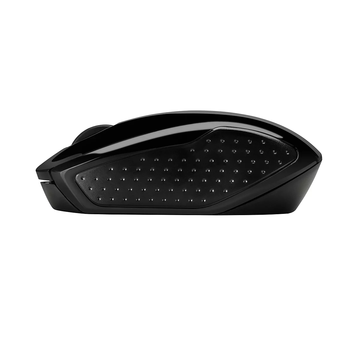 Seitliche Ansicht einer ergonomisch geformten, schwarzen Computermaus mit texturierter Gummierung.