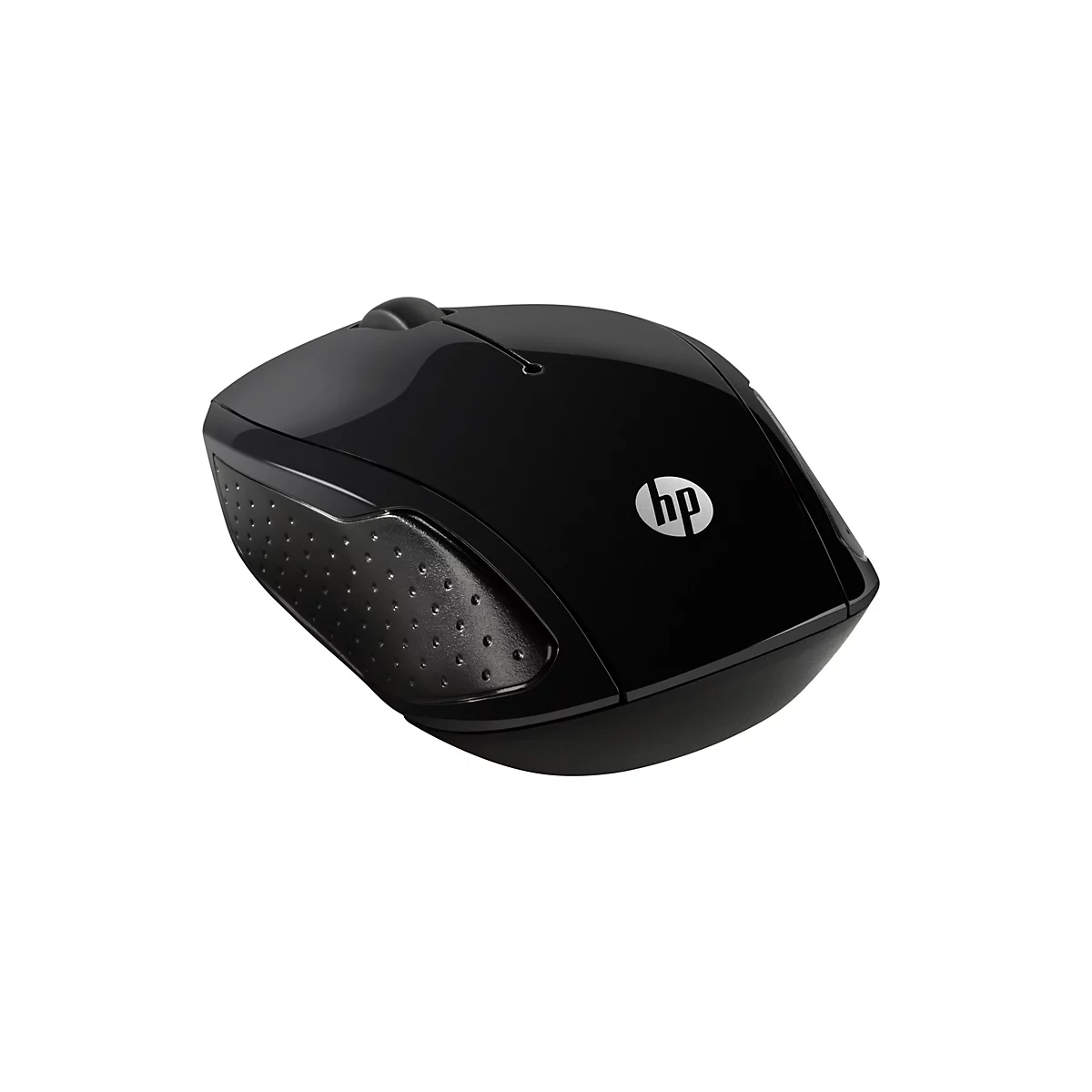 Schwarze kabellose HP-Computermaus mit glänzender Oberfläche und texturierter Seitenfläche vor weißem Hintergrund.
