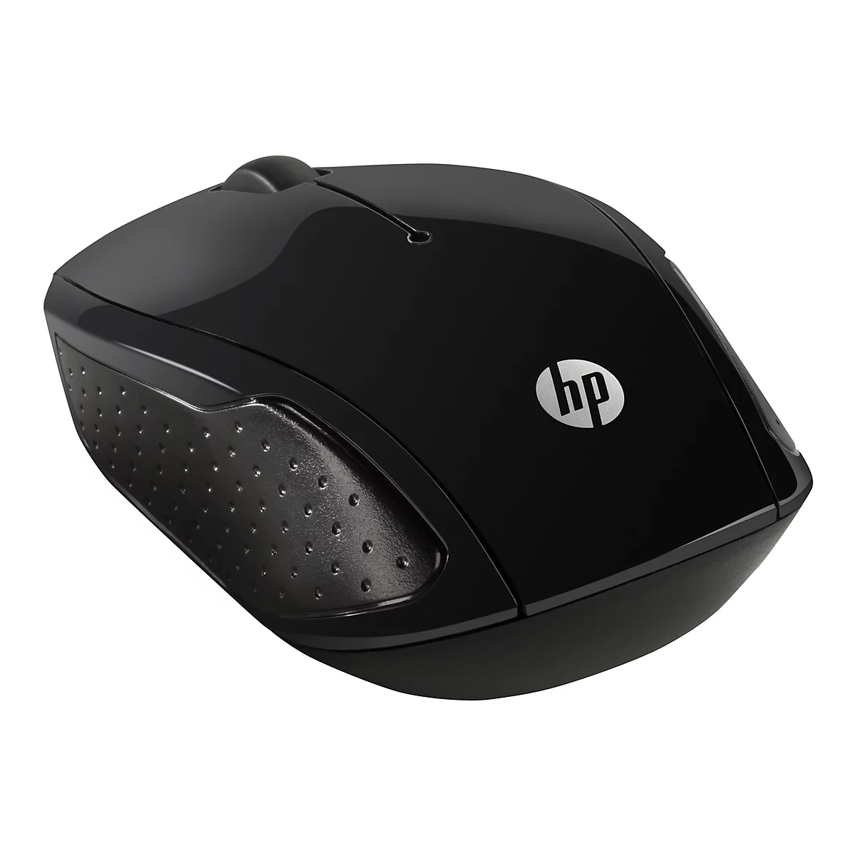 Schwarze, kabellose HP-Computermaus mit glänzender Oberfläche und texturierter seitlicher Griffzone.
