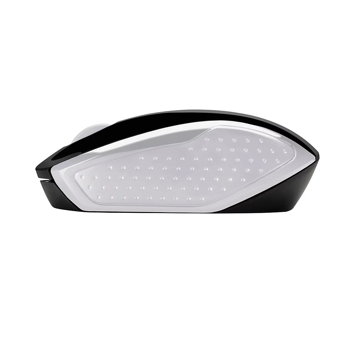 Draufsicht einer Computermaus. Schwarze Basis, weiße Oberseite mit kleinen Erhebungen. Rechts und links sind die seitlichen Kanten schwarz.