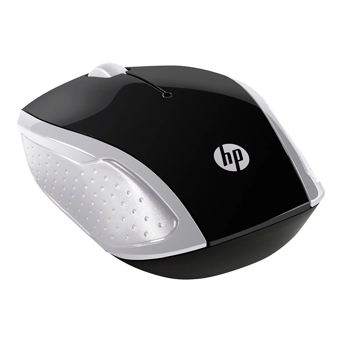 Drahtlose schwarze HP-Maus mit silbernen Seiten und dem HP-Logo. Auf der Oberseite ist ein Rad und ein Knopf zu sehen.