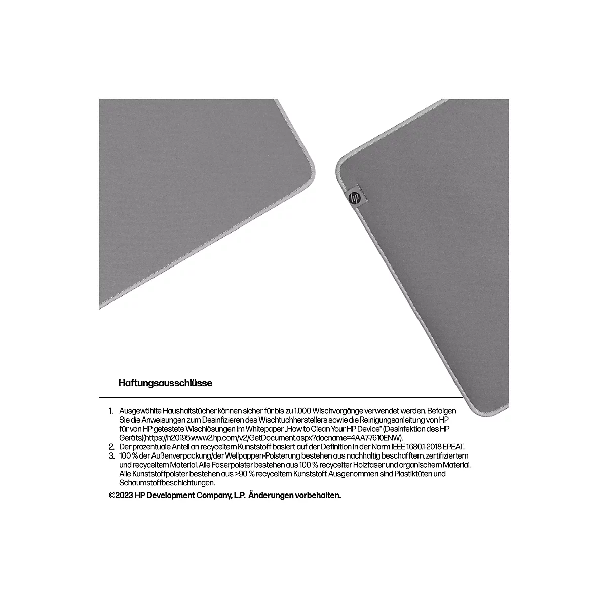 Graues Mousepad mit weißer Umrandung und HP Logo.