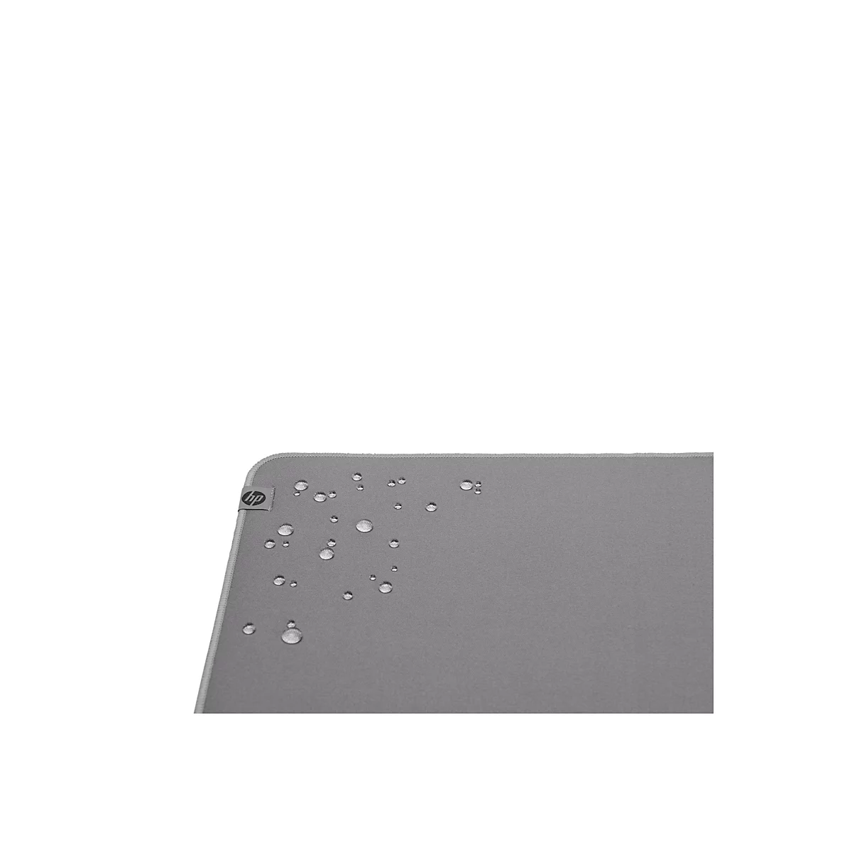 Graues HP-Mauspad mit Wassertropfen. Das HP-Logo ist oben links abgebildet.