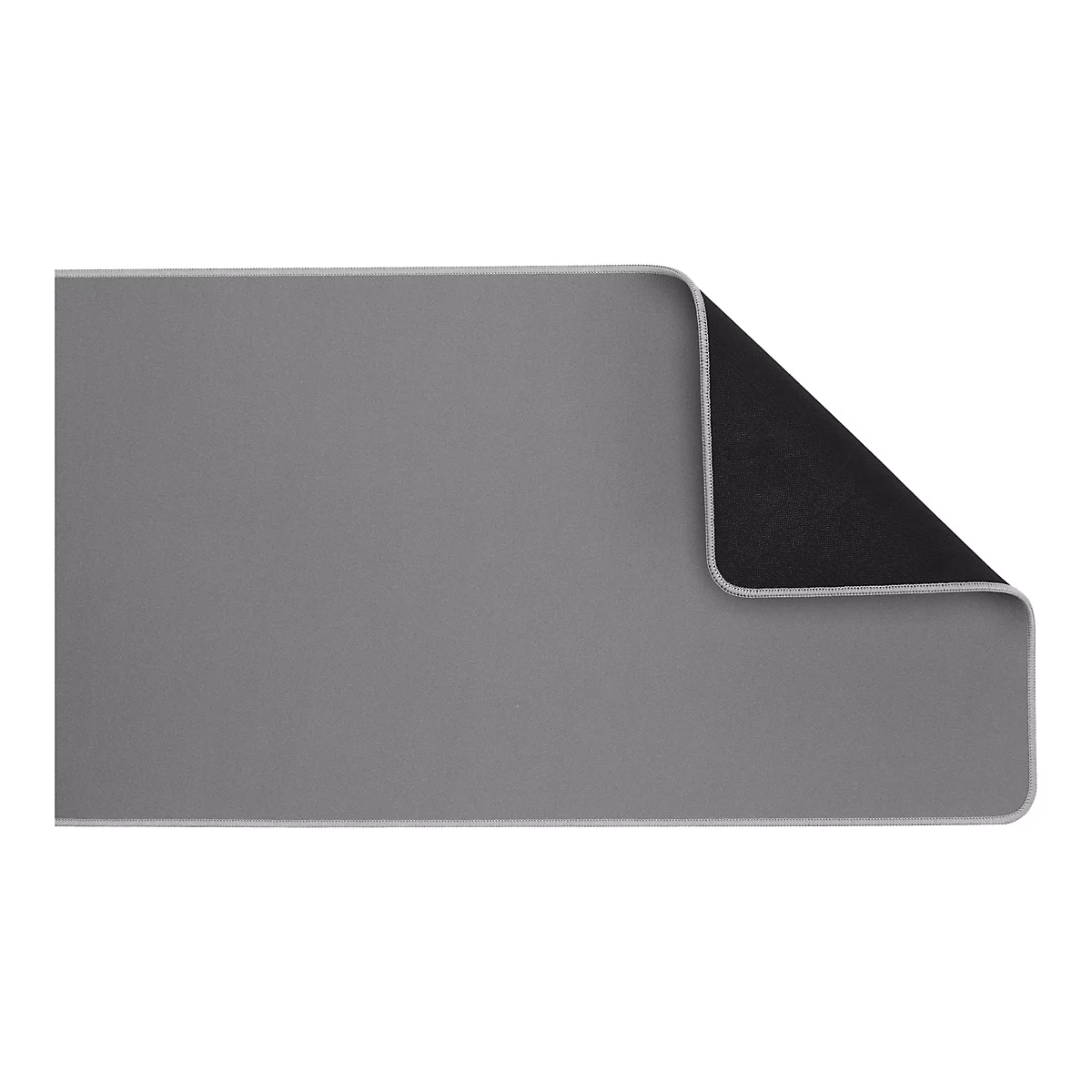 Graues Mousepad mit schwarzer Unterseite, abgerundeten Ecken und weißer Naht.